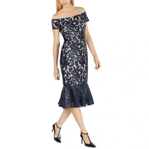Calvin Klein Off-The-Shoulder Lace Trumpet Evening Midi Dress